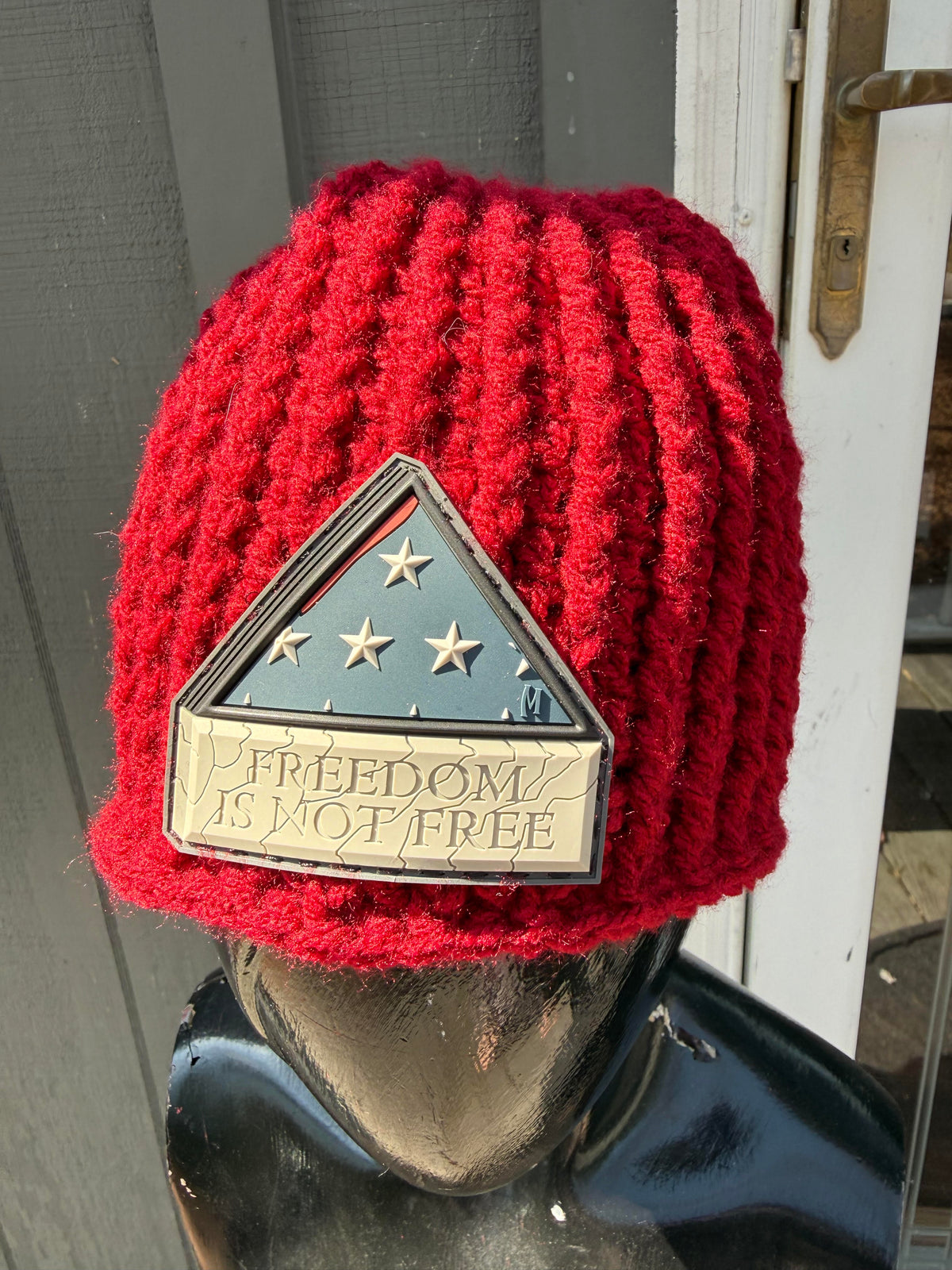 Iron Crown Redline skull hugger skull cap ribbed crochet beanie featuring Freedom Is Not Free patch detail