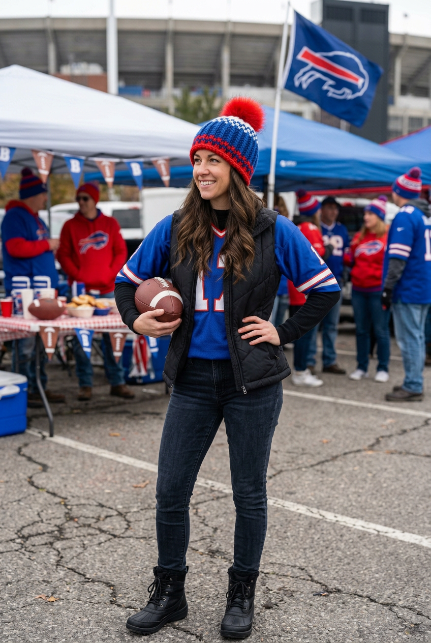 Full-body Buffalo tailgate portrait with off-camera gaze