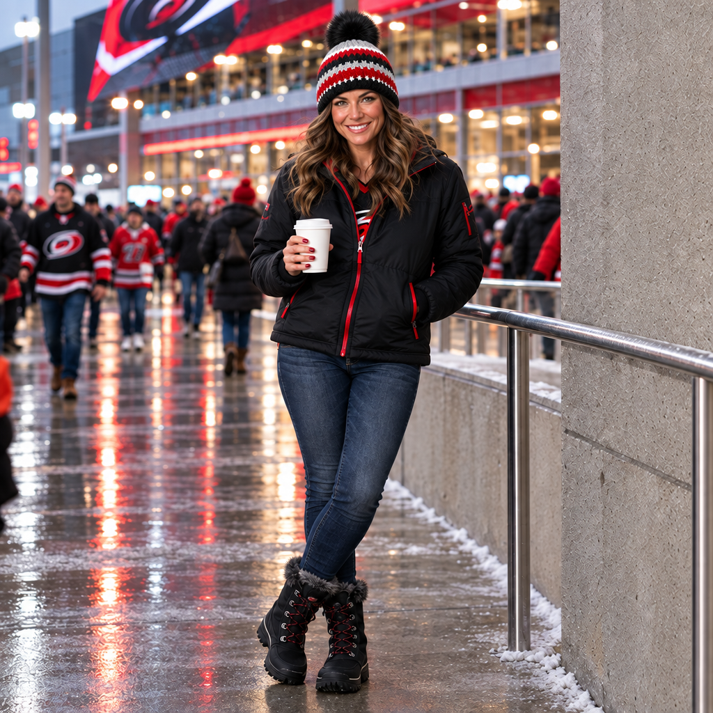 Full-body hockey arena lifestyle image with direct camera eye contact
