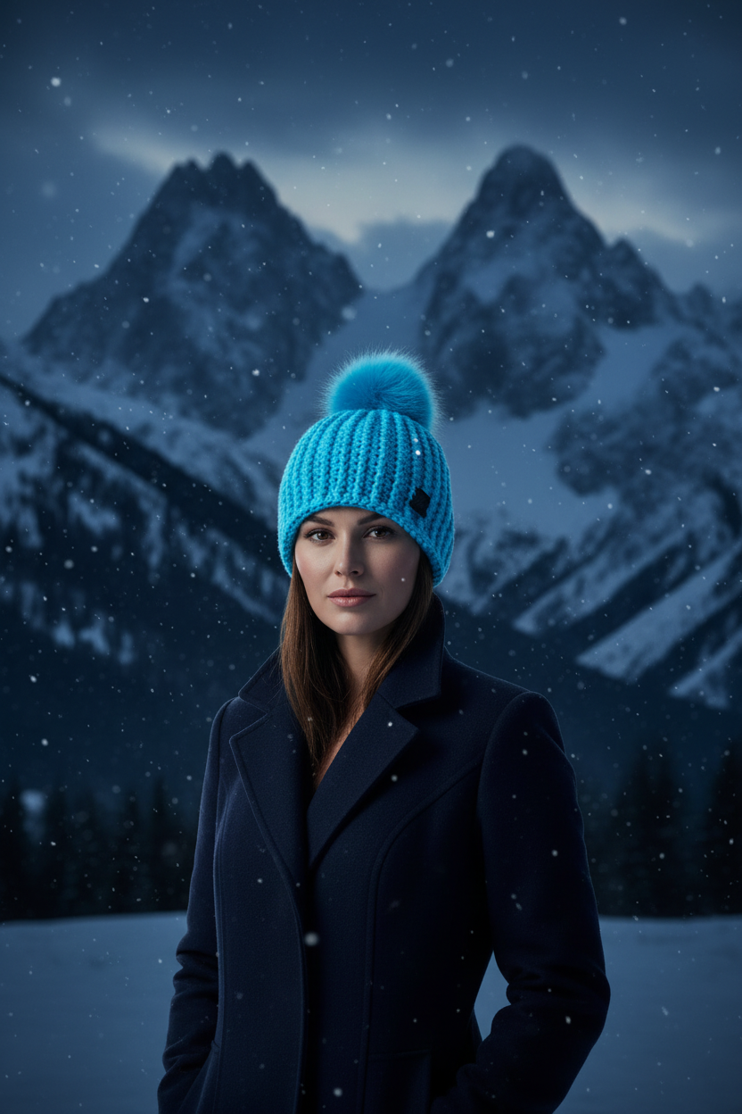 Glacier Pulse ribbed crochet beanie featured in snowy outdoor lifestyle setting