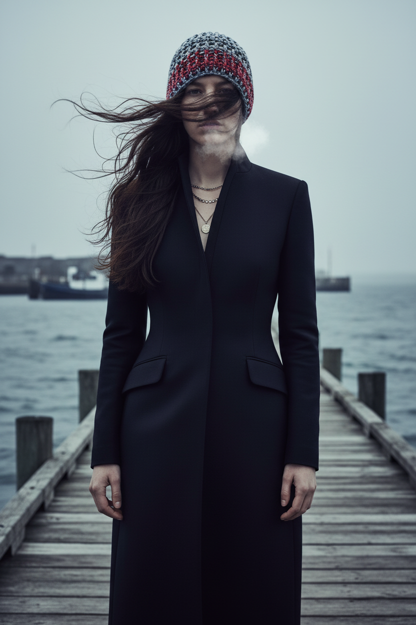 Person wearing a long black coat and patterned hat on a wooden pier by water