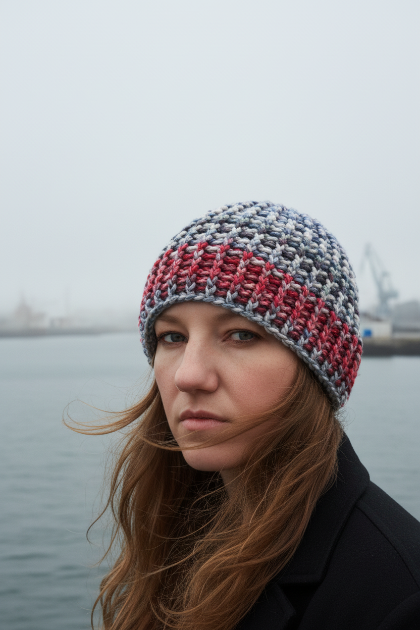 Woman wearing a colorful knit hat by a body of water