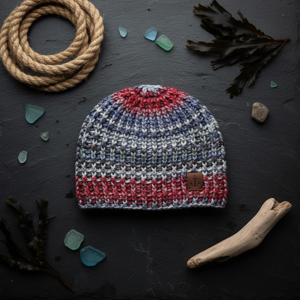 Crochet hat with red, white, and blue pattern on a dark surface with natural elements.