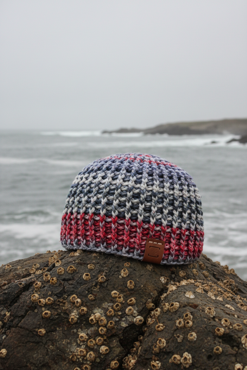 Crochet hat with a red band on a rock by the ocean