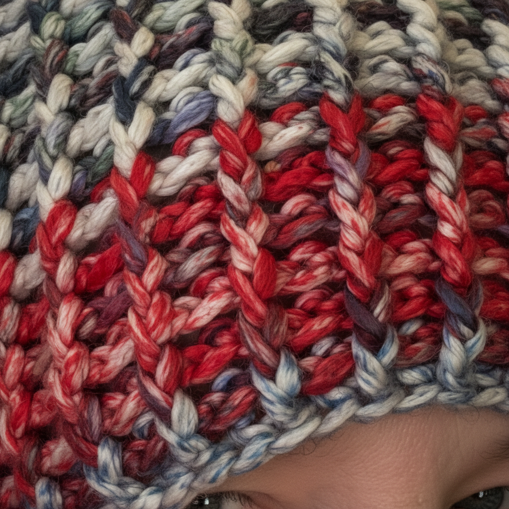 Close-up of multicolored crocheted fabric with red, blue, and white yarn.