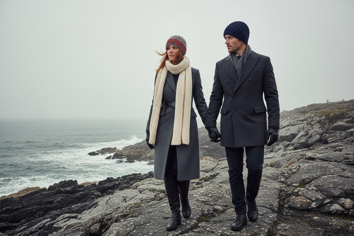 Two people walking along a rocky coastline on a cloudy day.