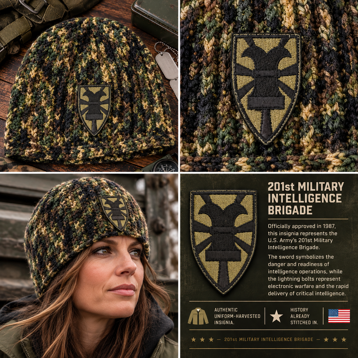 Home Front™ No. 07 handmade Normal Noggin Skull Hugger™ crochet beanie shown with camouflage-color flat lay, authentic 201st Military Intelligence Brigade patch, stitch detail and Flat Head Crown™.