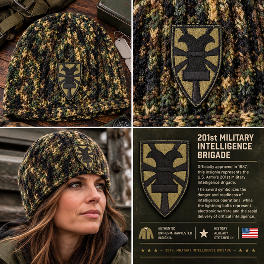 Home Front™ No. 07 handmade Normal Noggin Skull Hugger™ crochet beanie shown with camouflage-color flat lay, authentic 201st Military Intelligence Brigade patch, stitch detail and Flat Head Crown™.