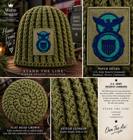 Home Front™ No. 1 olive green Skull Hugger™ crochet beanie featuring a U.S. Army Reserve Command patch, Flat Head Crown, stitch close-up and Stand The Line™ details.