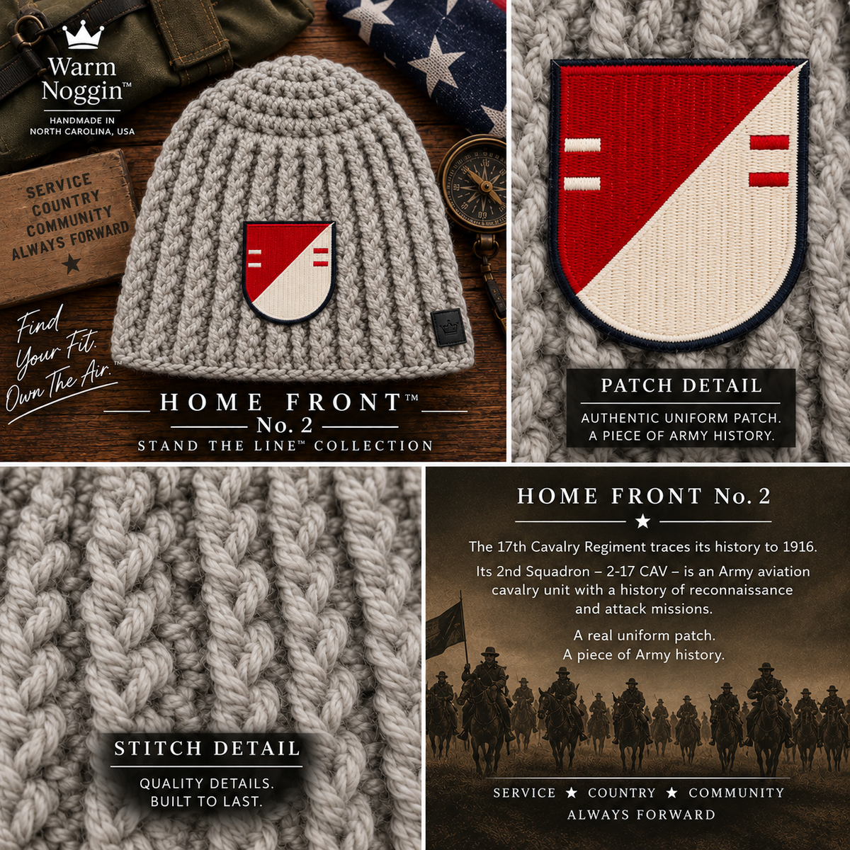 Home Front™ No. 2 grey crochet beanie with authentic 17th Cavalry uniform patch, stitch detail and patch history.