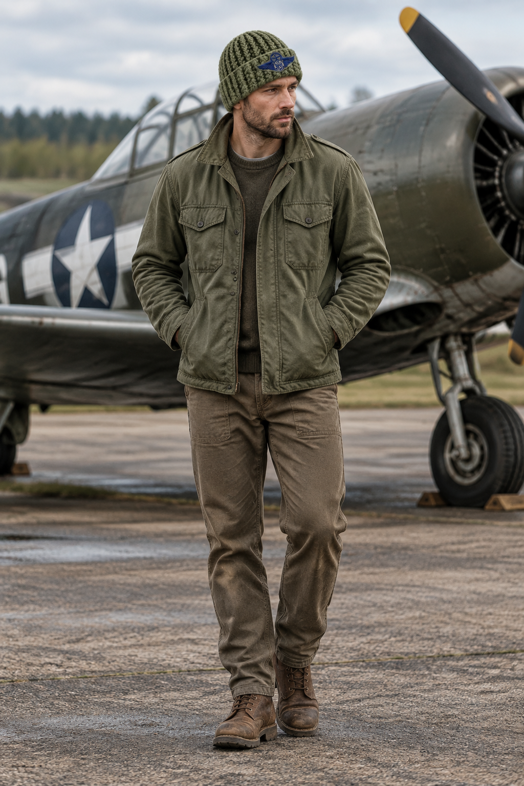 Home Front No. 4 military-inspired olive green crochet beanie with Senior Army Aviator patch