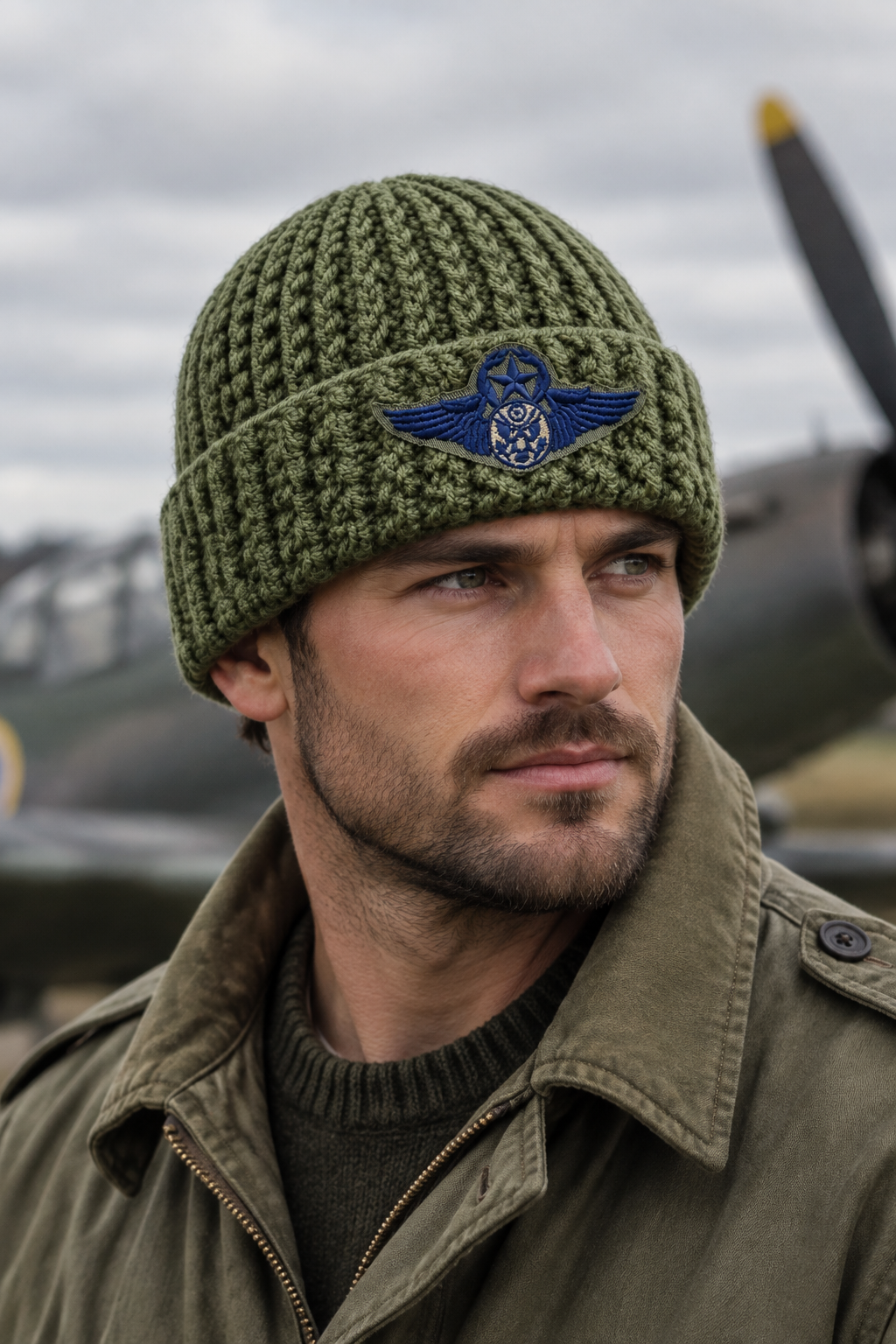 Man wearing Home Front No. 4 olive green Classic Rib beanie with U.S. Army Senior Aviator patch