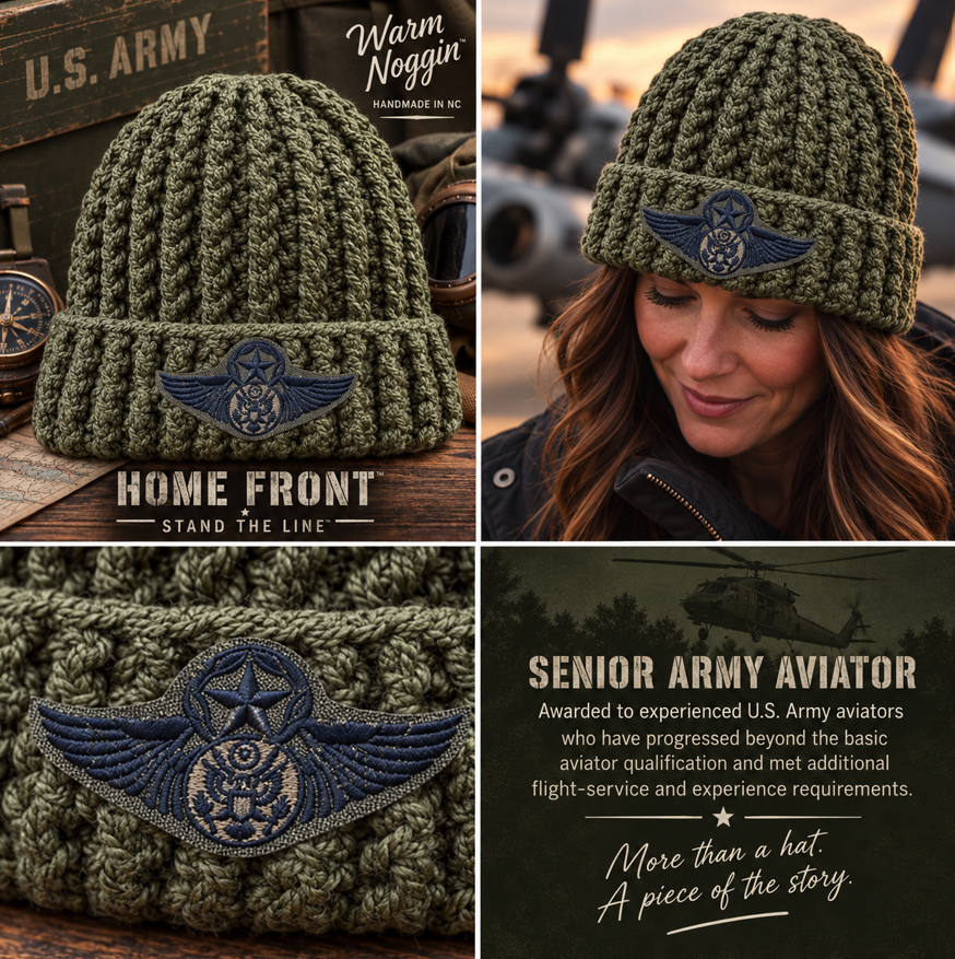 Home Front No. 4 olive green crochet beanie with authentic U.S. Army Senior Aviator patch by Warm Noggin
