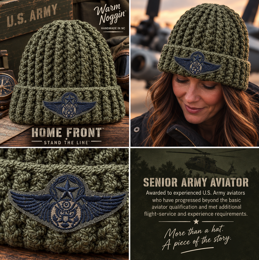 Home Front No. 4 olive green crochet beanie with authentic U.S. Army Senior Aviator patch by Warm Noggin