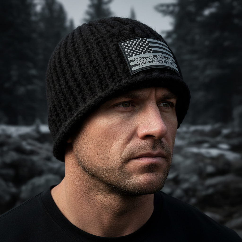 Home Front™ No. 5 black Skull Hugger™ beanie in Big Noggin fit with Flat Head Crown™ and American flag We the People patch, shown worn outdoors.