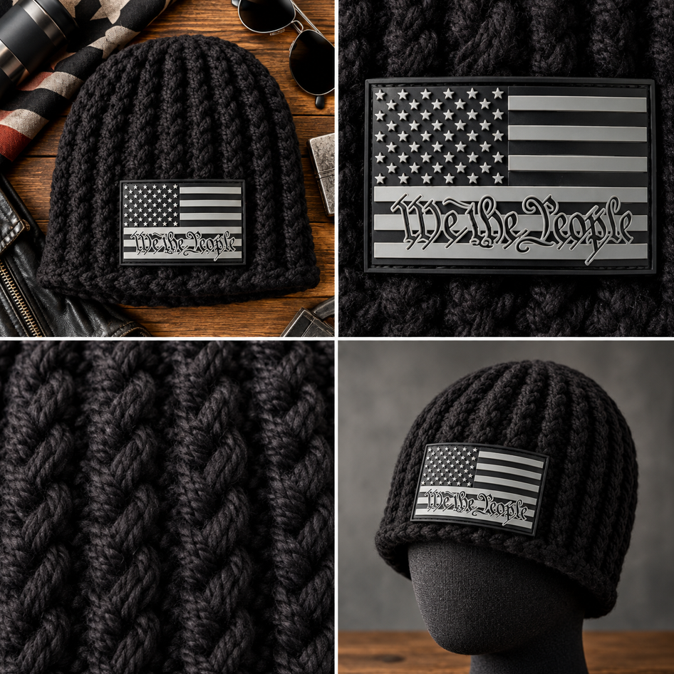 Home Front™ No. 5 handmade black Skull Hugger™ crochet beanie in Big Noggin fit with Flat Head Crown™ and monochrome American flag We the People patch, shown in four product detail views.