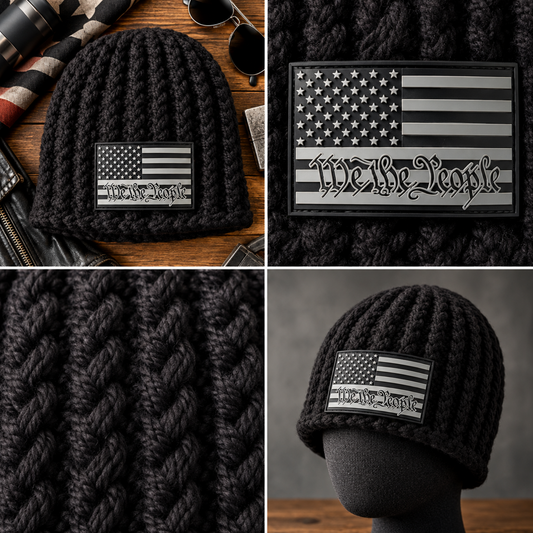 Home Front™ No. 5 handmade black Skull Hugger™ crochet beanie in Big Noggin fit with Flat Head Crown™ and monochrome American flag We the People patch, shown in four product detail views.