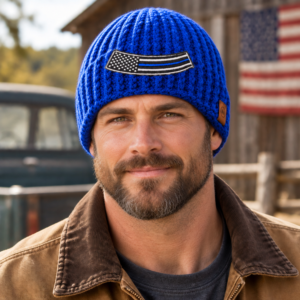Close-up of Home Front No. 5 blue Skull Hugger beanie with Thin Blue Line American flag patch