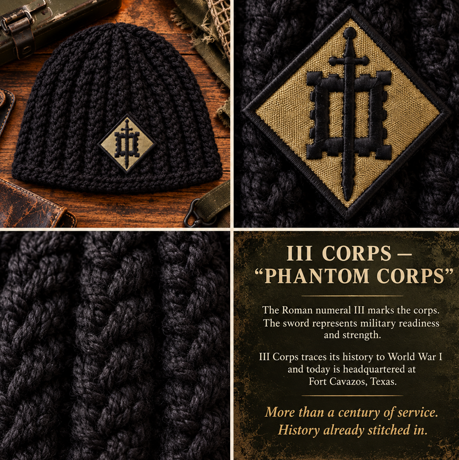 Home Front™ No. 6 black Skull Hugger™ crochet beanie with Therma Crown™, authentic III Corps Phantom Corps uniform patch, stitch detail and patch history.