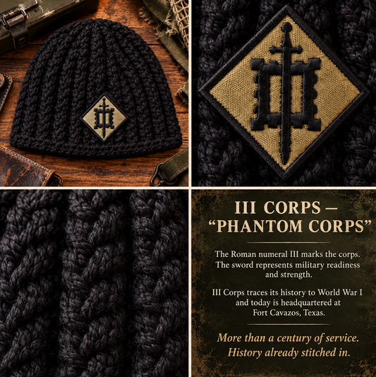 Home Front™ No. 6 black Skull Hugger™ crochet beanie with Therma Crown™, authentic III Corps Phantom Corps uniform patch, stitch detail and patch history.