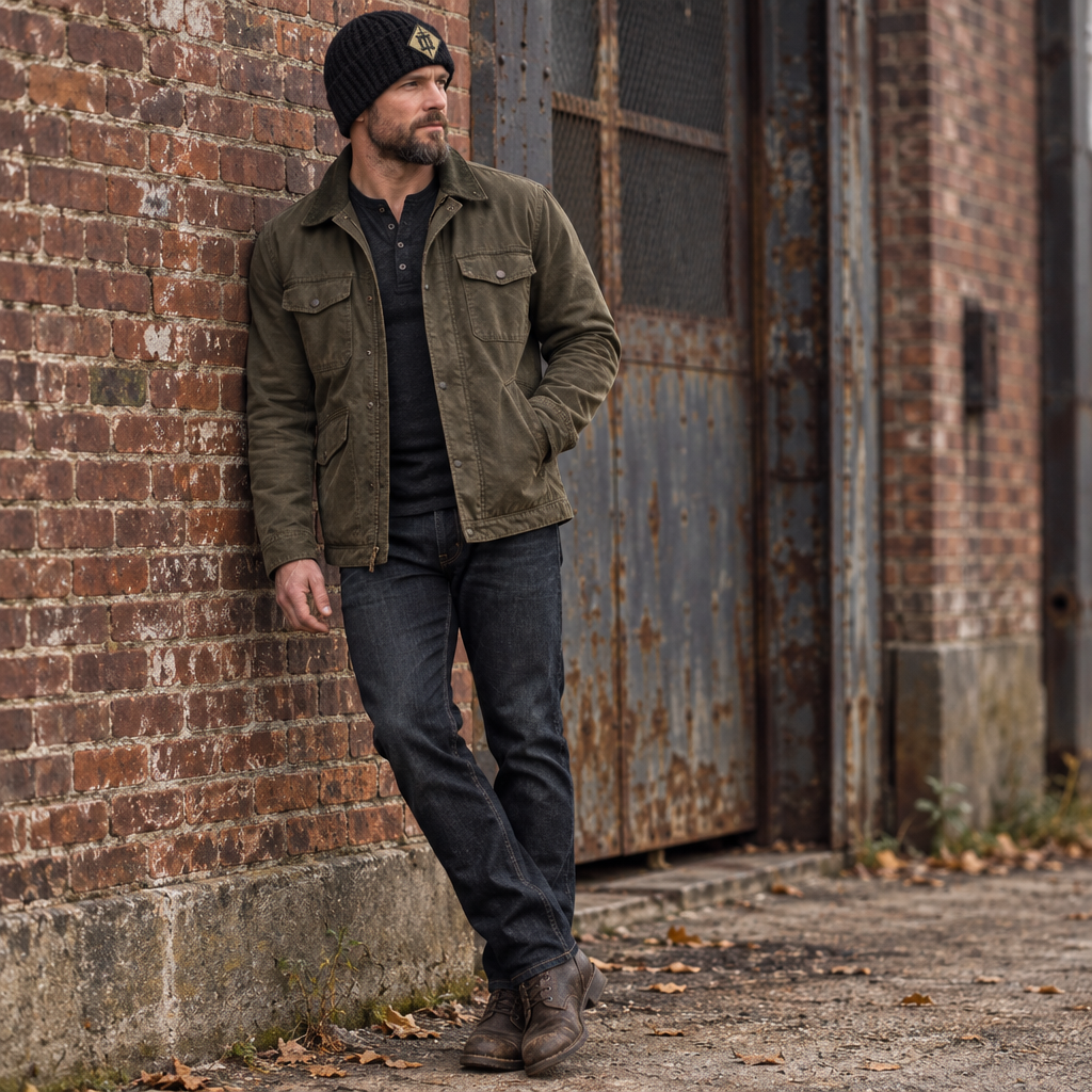 Home Front™ No. 6 handmade black Skull Hugger™ beanie with Therma Crown™ and authentic III Corps military uniform patch, shown worn outdoors.
