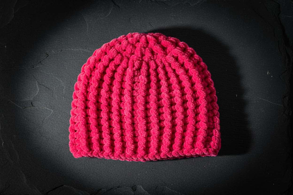 A bright pink hand-crocheted beanie hat with a ribbed texture, displayed on a dark textured slate background.