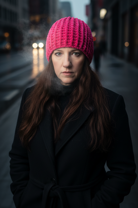 A woman wearing a bright pink chunky crochet beanie and a black coat stands on a city street at dusk, looking directly at the camera.