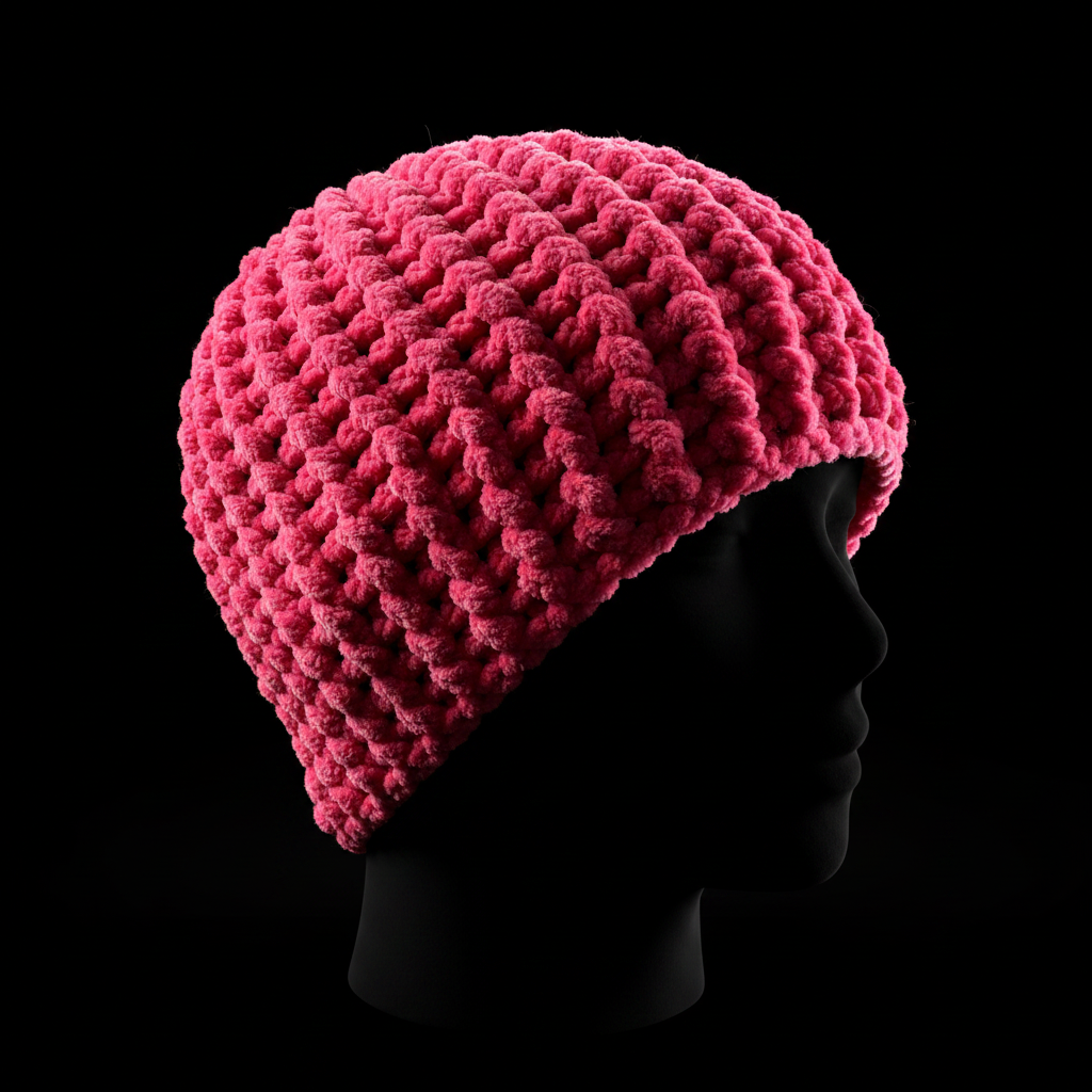 A bright pink chunky chenille Crochet beanie displayed on a black mannequin head against a solid black background.