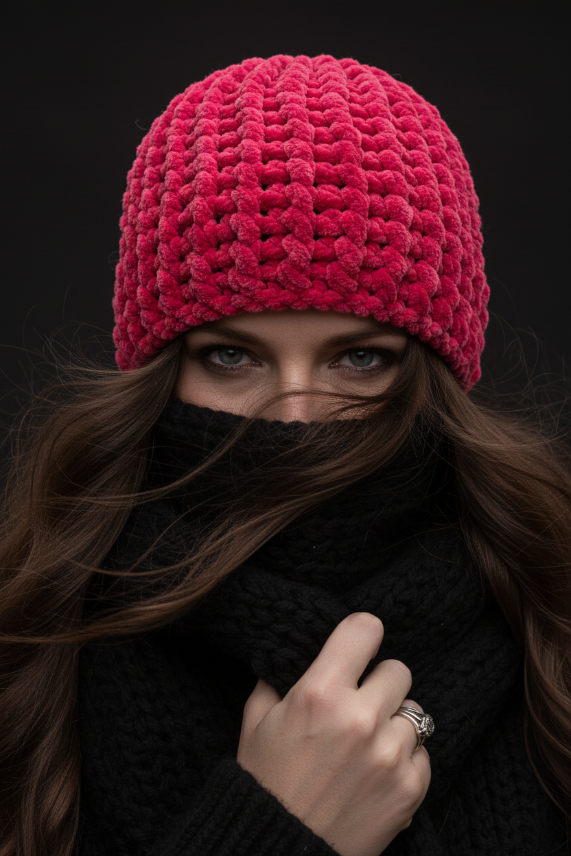 A close-up of a woman wearing a bright pink chunky crochet beanie and a black knit face covering against a dark background.