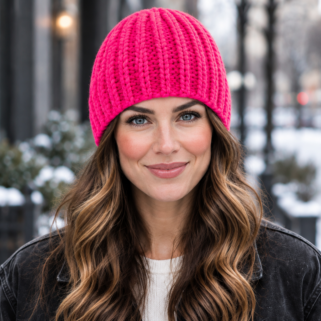 Woman wearing Hot Ticket bright pink Extra Toasty crochet beanie with ThermaCrown by Warm Noggin