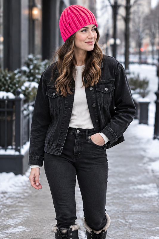 Woman wearing Hot Ticket bright pink Extra Toasty crochet beanie with ThermaCrown outdoors in winter