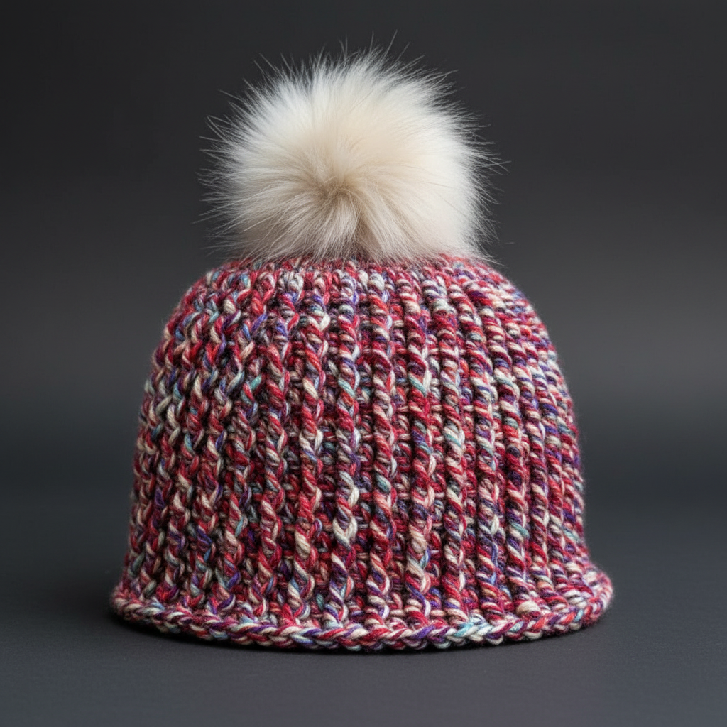 Firecracker Confetti crochet beanie with white faux fur pom in marled red and cream yarn standing alone with clean single layer edge built for extreme cold weather warmth