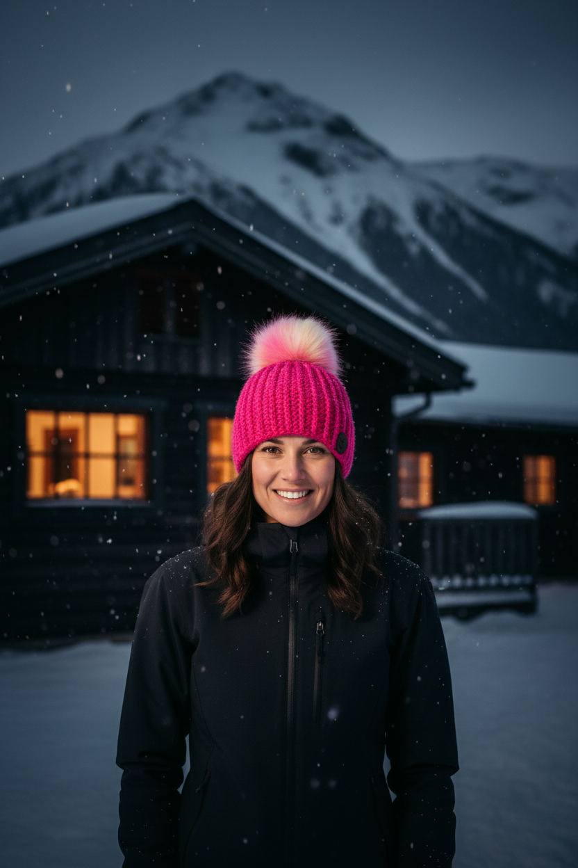 Ignite crochet beanie in bold hot pink ribbed yarn with blush faux fur pom worn outdoors in snowy mountain setting for winter warmth