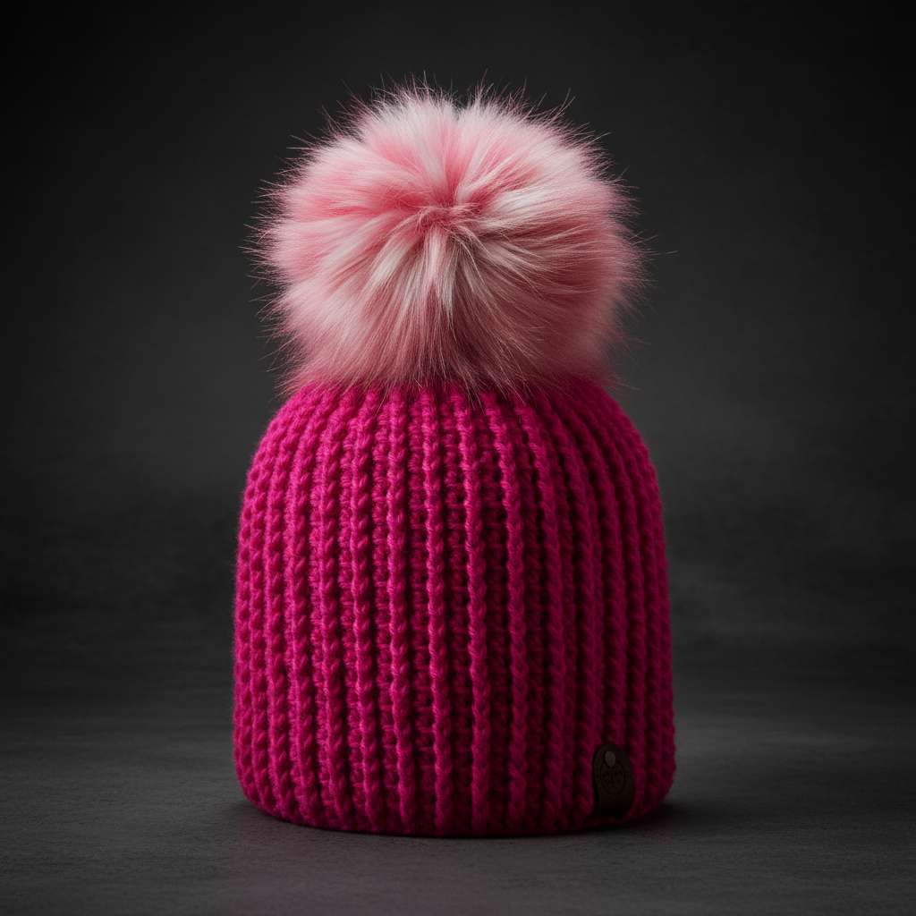 Ignite crochet beanie in bold hot pink ribbed yarn with blush faux fur pom standing upright with smooth single layer edge for winter wear