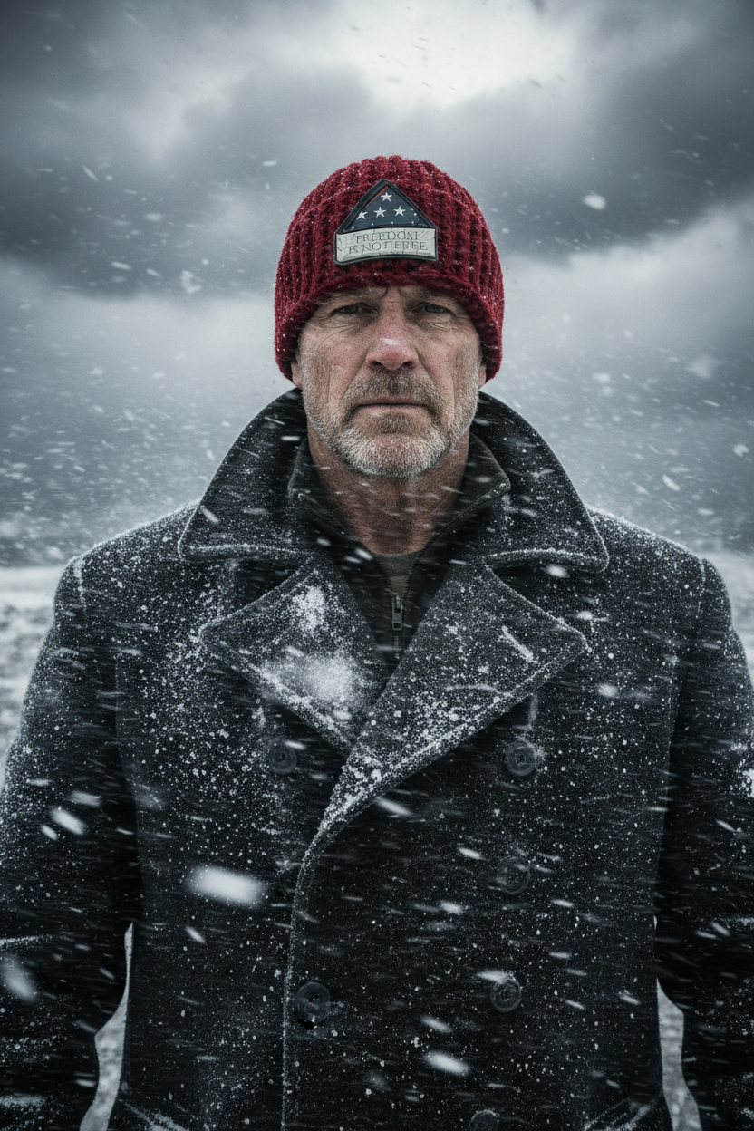 Iron Crown Redline ribbed crochet skull cap skull hugger beanie worn in snowy winter conditions demonstrating cold weather performance
