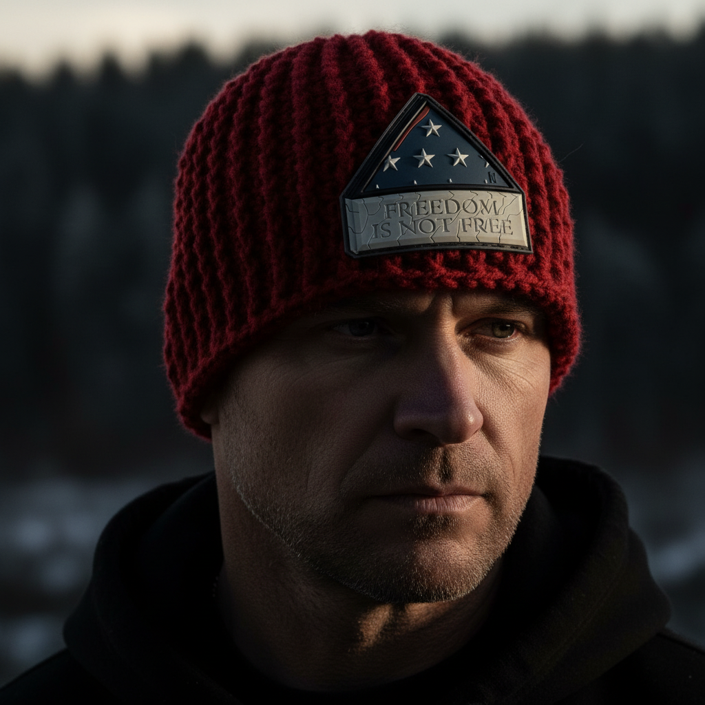 Iron Crown Redline ribbed crochet skull cap skull hugger beanie worn outdoors highlighting structured winter fit