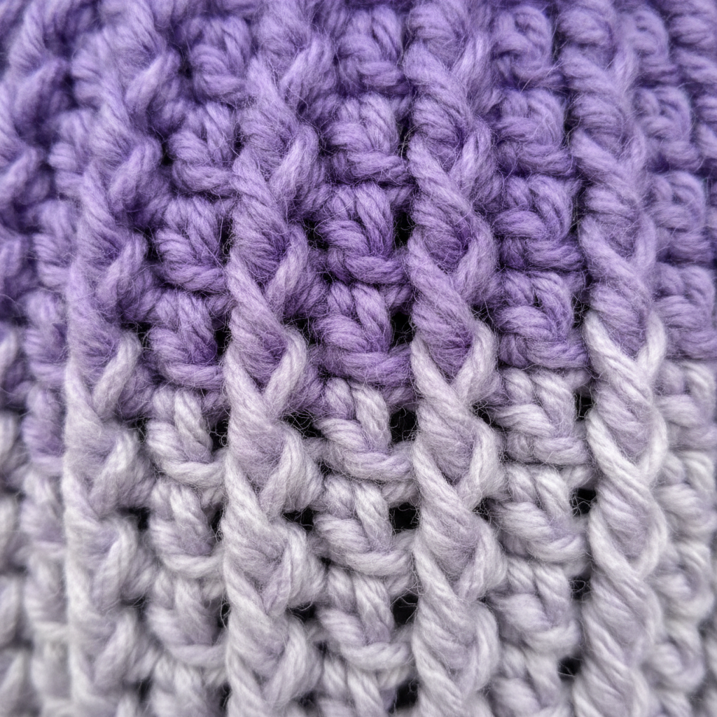 Close up of Lavender Reserve ribbed crochet beanie highlighting dense winter stitch detail
