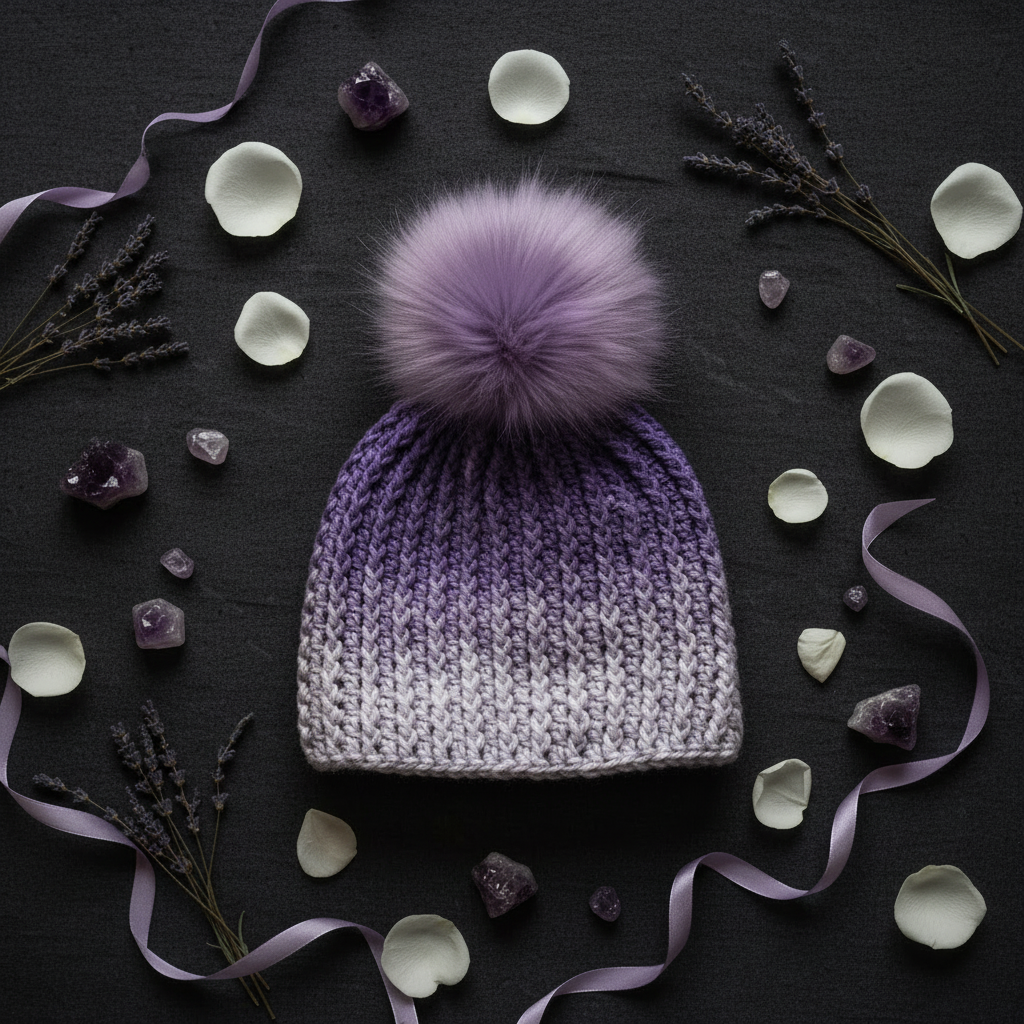 Lavender Reserve ribbed crochet beanie styled still life highlighting structured cold-climate construction