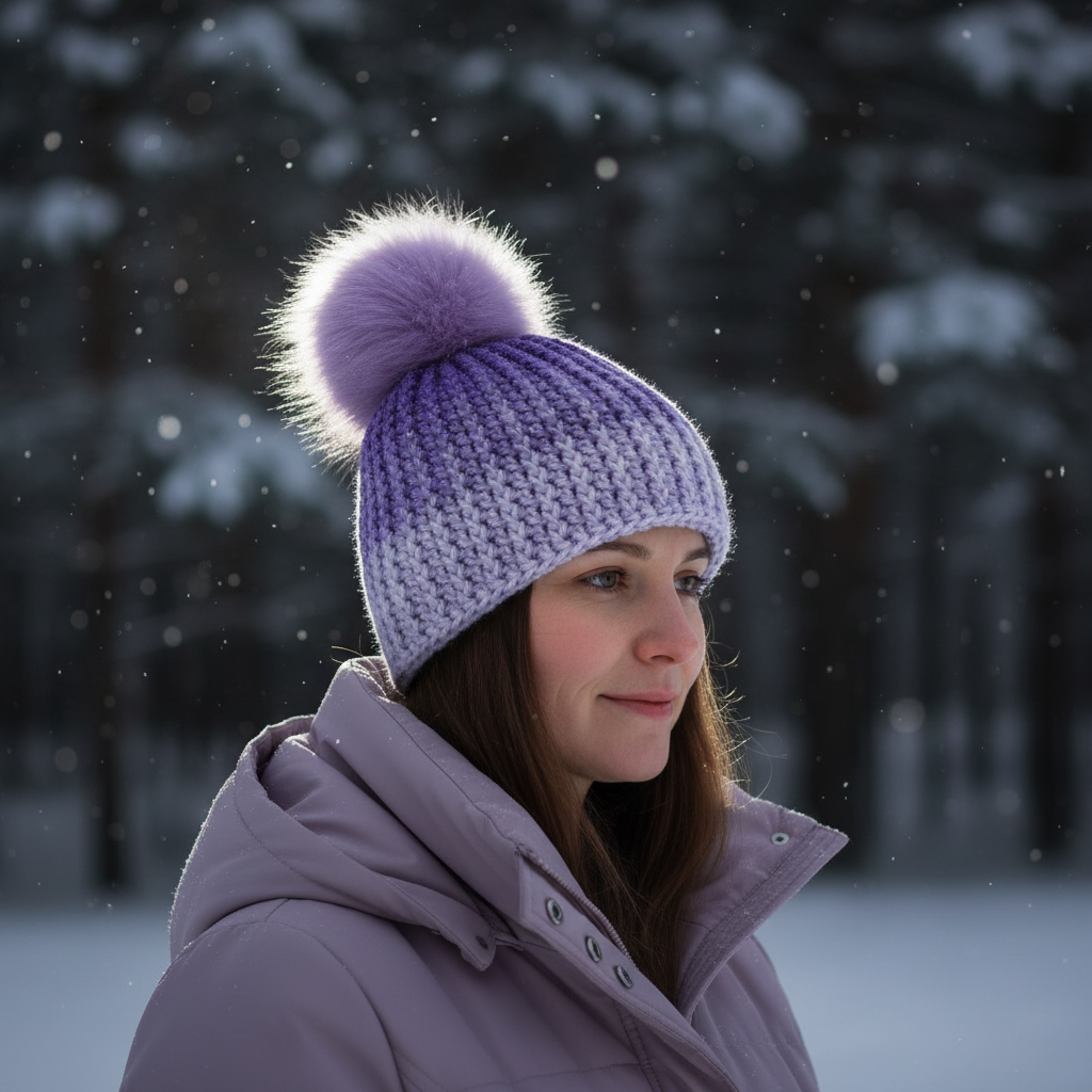 Lavender Reserve ribbed crochet beanie worn outdoors in winter lifestyle setting