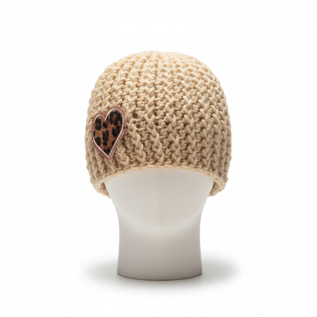 A beige chunky crochet beanie hat displayed on a white mannequin head. The hat features a textured v shape stitch pattern and a small heart-shaped patch on the side with a leopard print design and a rose gold border.