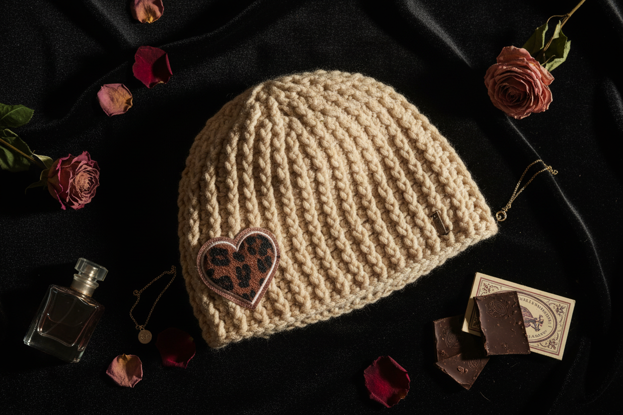A beige chunky crochet beanie with a heart-shaped leopard print brooch, styled on a black fabric background with dried roses, chocolate pieces and a perfume bottle.