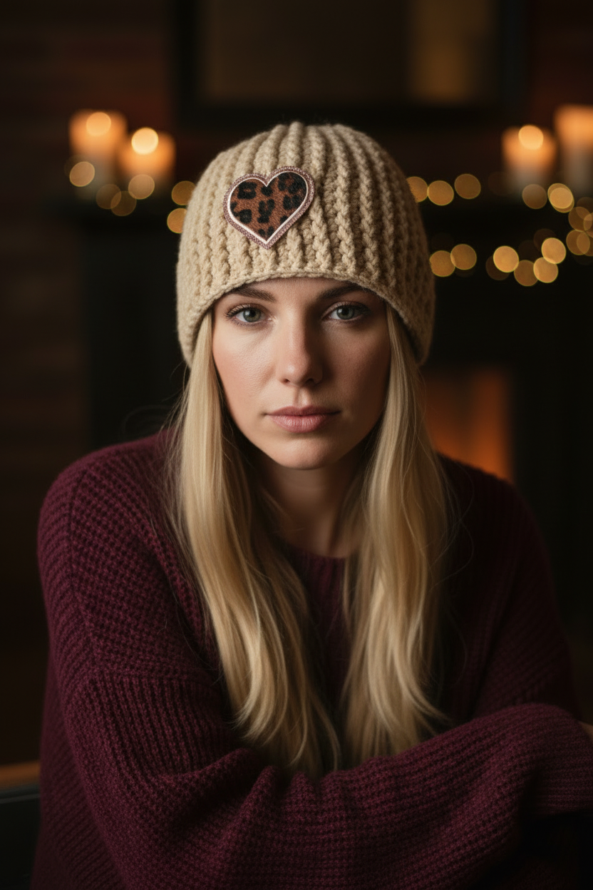 Blonde woman wearing Love Bites™ cream crochet beanie with leopard heart patch