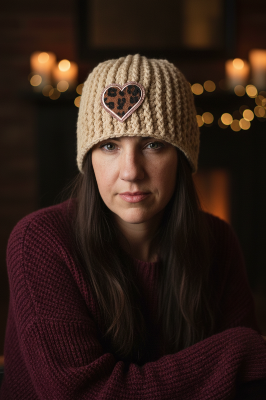 A woman wearing a beige chunky crochet beanie with a leopard-print heart patch on the front, paired with a burgundy knit sweater, set against a warm, dark background with soft candle-like lights.