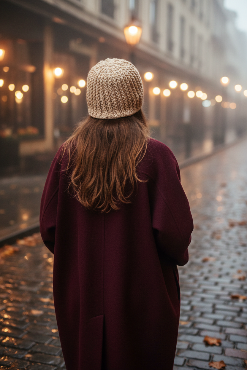A woman seen from behind wearing a chunky cream crochet beanie and a long burgundy coat, standing on a wet cobblestone street with blurred warm streetlights in the background.