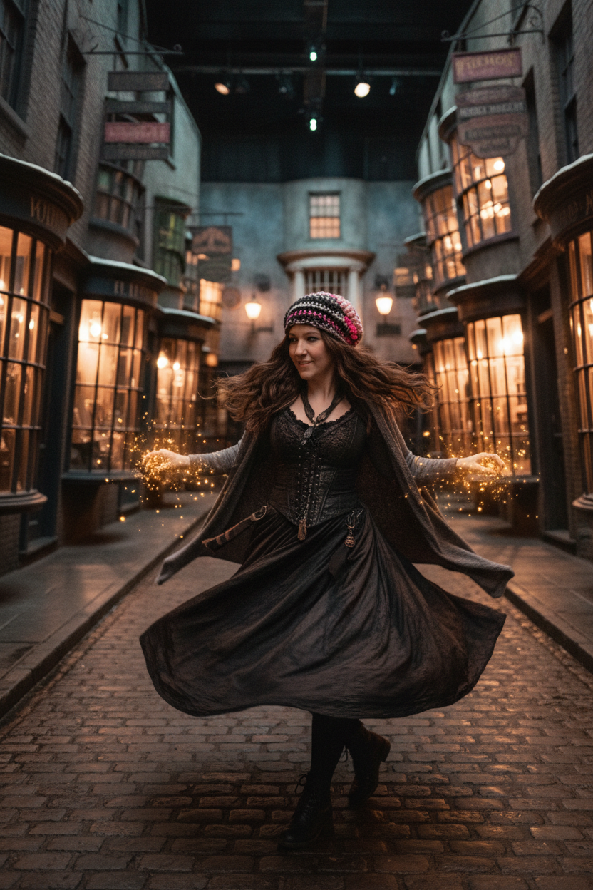 Woman wearing Love Spell No. 01 slouchy crochet beanie in a narrow lantern-lit cobblestone alley