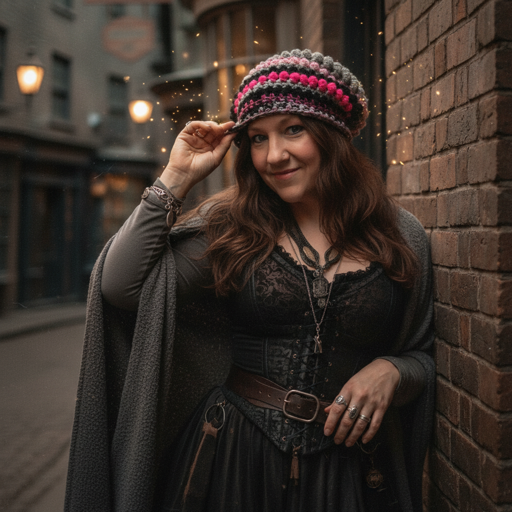 Love Spell No. 01 pink, grey and black Raga-Noggin™ slouchy crochet beanie worn in a whimsical cobblestone alley