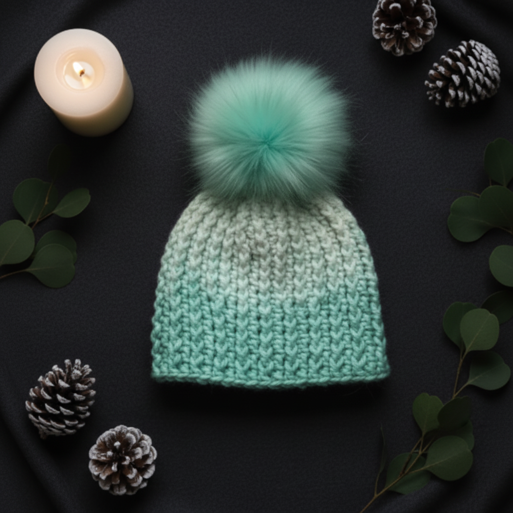 Mint Condition ribbed crochet beanie styled flat lay emphasizing dense winter-ready stitch construction