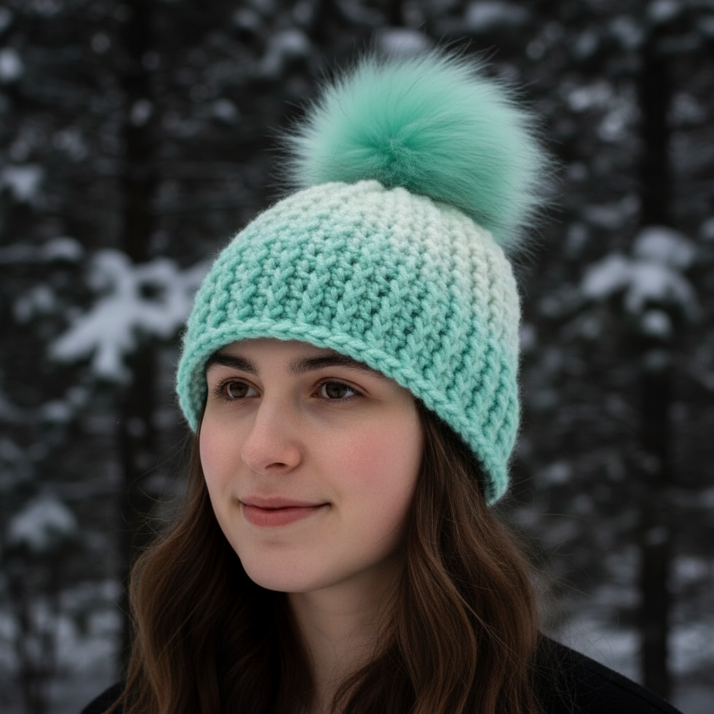 Mint Condition ribbed crochet beanie worn in dark forest winter setting highlighting structured cold-weather fit

