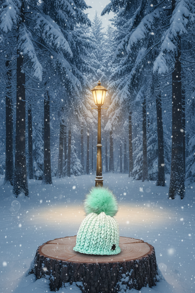 Mint Condition ribbed crochet beanie worn in snowy winter scene near lamp post