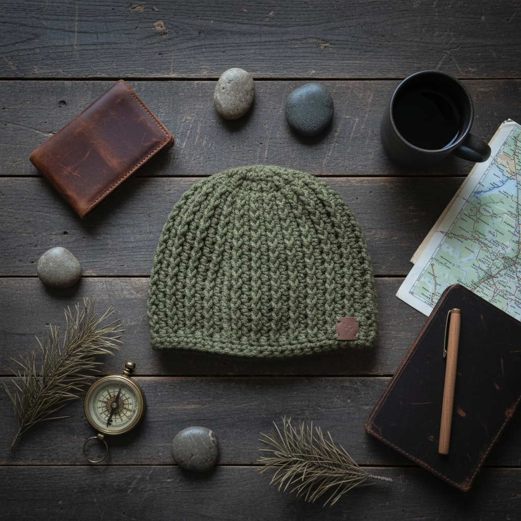 Mossline Skull Hugger green crochet skull cap by Warm Noggin featuring structured rib texture and close-fitting design for cold weather wear